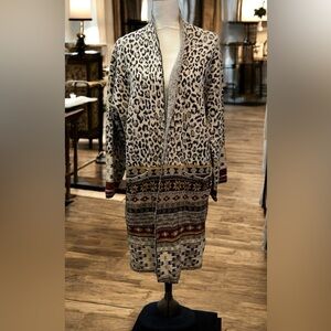 Max Sport Long Leopard Fair Isle‎ Cozy Festival Open Front Cardigan Sweater L